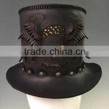 Black Leather Victorian Corset Style / Steampunk / Gothic / Emo Style Top Hat w. Solid Metal Bat Badge photo-2
