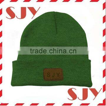 Mens Custom Leather Patch Knit Cuffed Beanie