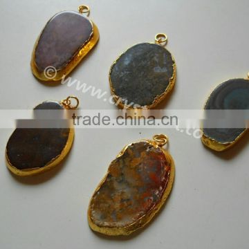 Indian Fancy Agate Natural Design Electroplated Slices Pendants