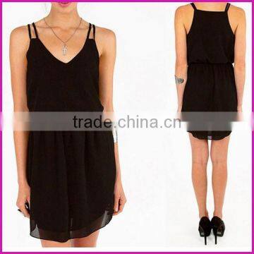 2015 New Women Summer Dress Black Red Double Strap Chiffon Dress Sexy V-neck Skirt Sleeveless Dress XS-XXL photo-2
