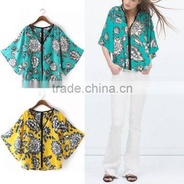 Hot Summer Women Retro Sexy V-Neck Batwing Sleeve Flower Print Casual Loose Blouse