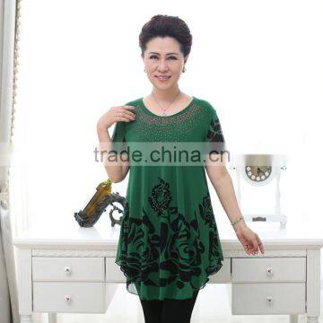 Middle aged women fashion beaded lace loose printed blouse