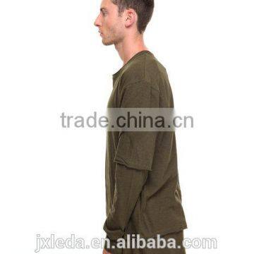 Pieced Layered Construction Raw Mens Athleisure Crew Neck Collar Longline Tees photo-3