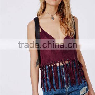 Fringed Plain Wine Red Ladies Plain Crop Top, Spaghetti Strap Cami Fringed Crop Top Wholesale for Ladies. photo-5