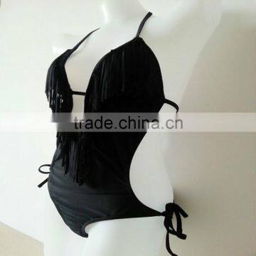 Lady Solid Black Tassels Swimwear One Piece photo-2