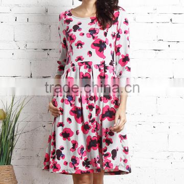 Newest Women Dresses With Gray And Pink Floral Three-Quarter Fit And Flare Pocket Dress Women Wear GD90426-53