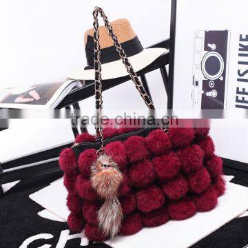 Korean style woman Rabbit fur ball hand bag Contrast color female chian bag