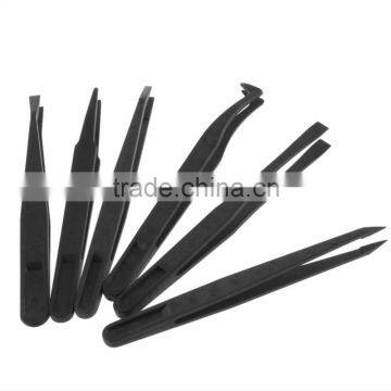100% Band New 6pcs Black Anti-static Plastic Tweezers Heat Resistant Repair Tool Straight Bend Promotion photo-2