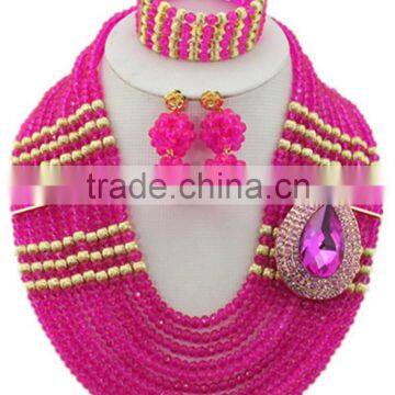 10layers Fuchsia Pink Crystal Beads Luxury Brooches African Jewelry Set