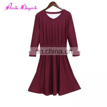 Drop Free Shipping Ladies Long Sleeve Solid Red Color Fashion Dress