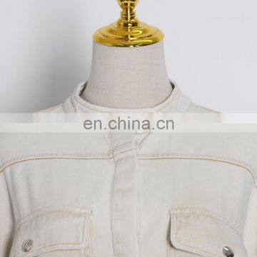 TWOTWINSTYLE Coat For Women Stand Collar Lantern Sleeve Ruched Large Size Loose Casual photo-4