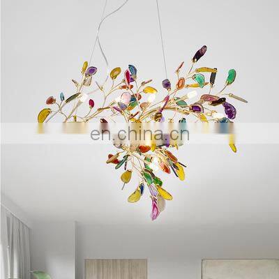 Natural Chandeliers Living Room Colorful Luxury Agate Phoenix Tail Agate Stone Chandelier LED Lamp