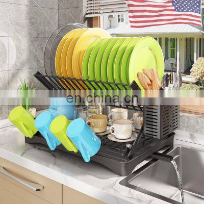 Dish Drying Rack, Foldable Kitchen Counter Dish Drainers Rack, Auto-Drain Stainless Steel Large Strainers Over Sink Drying Rack