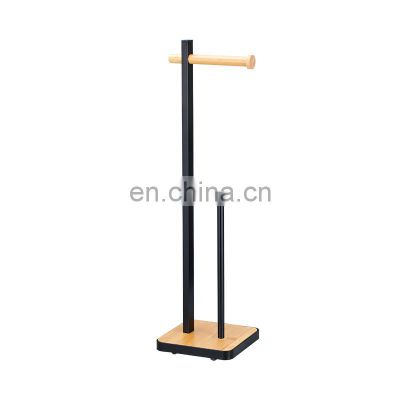 Free Standing Black Stainless Steel Toilet Paper Roll Holder With Bamboo Base