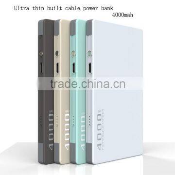 Ultra thin slim power bank 4000mah with bulit-in cables for android and iphone