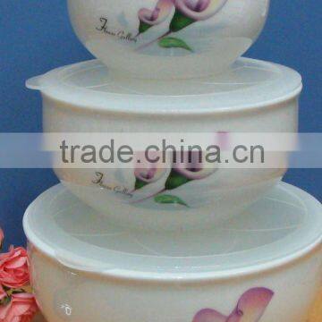 Factory directly sell porcelain fresh bowl with cover 3 pcs food storage bowl set various printing design for selection