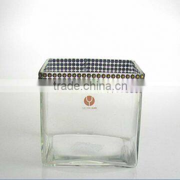 Clear square glass vase with bling for home decoration wholesale