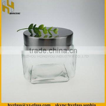 Large Square sealed glass storage jar with metal cap 800ml