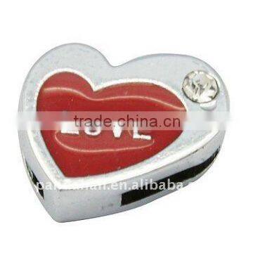 Alloy Slide Charms, with Enamel and Rhinestones, Nickel, Heart, FireBrick, about 13.8x13.8x5mm, hole: 1.6x8mm(ENAM-Q142-2)