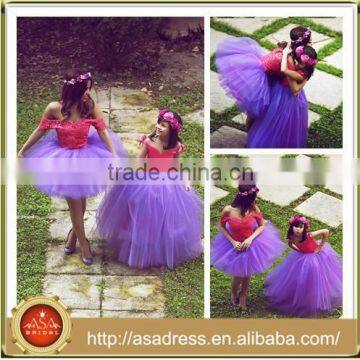 SMDA8 Pretty Child Prom Dress Fashion Lace and Tulle Ball Gown Purple Mother and Kid Dresses