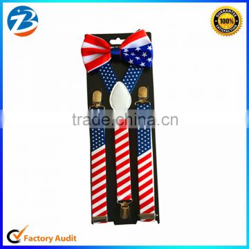 Fashionable Mens Lady America Flag Printed Suspender With Bow Tie