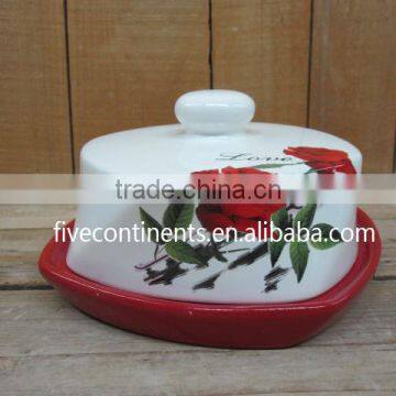 Hot Selling Red Rose Decal Ceramic Butter Dish with Lid