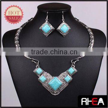 Indian Style Antique Silver Turquoise Stone Necklace and Earring Jewelry set