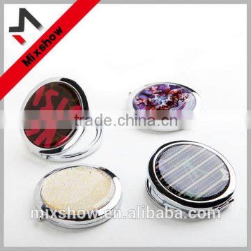 Hot sale crystal metal make-up mirror with epoxy sticker