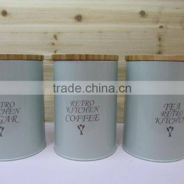 Hot Sales Set of 3 Attractive Home Metal Sugar Tea Coffee Canisters With Bamboo Lid photo-4