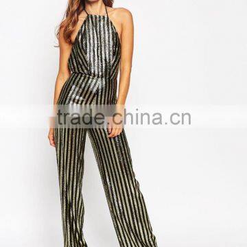 2015 fashionable hot sale OEM customized Allover Sequin Stripe Halter Jumpsuit