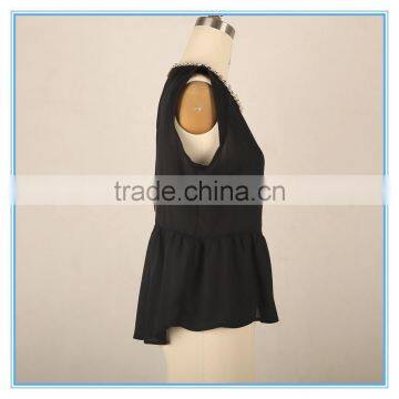 Ladies Chiffon Blouse Flounced Hem Pearl Beaded Neck Design Sleeveless Blouse photo-2