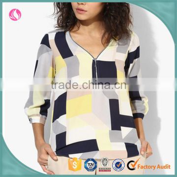 Woman Lime And Multicoloured Square Zip Blouse Top Lady Latest Fashion Blouse Design