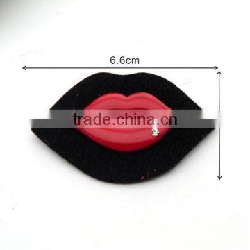 Black PU felt leather sew on patches with metal red lips / rhinestone clothing label for jeans/jacket PLB-002