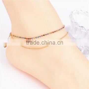 Double Layers Colorful Rhinestone Crystal Copper Beads Simple Anklet Foot Chain