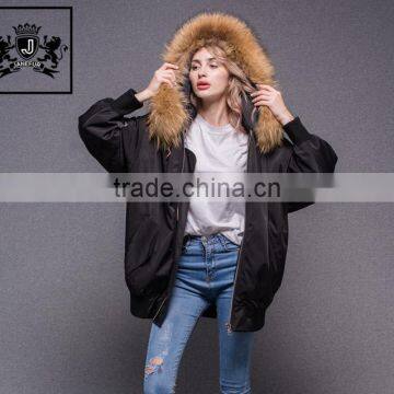 Fad And Nobleness Fluffy Fur Collar Women Light Down Black Bomber Jacket