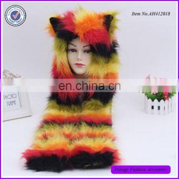 Custom Striped Printing Faux Fur Animal Plush Hats With Paw