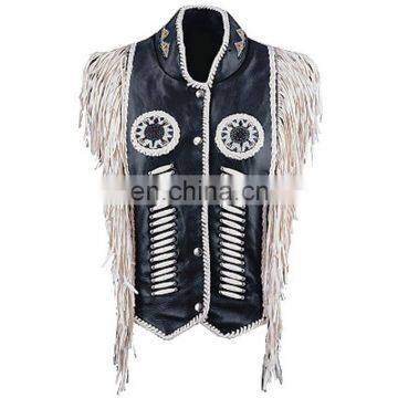 HMB-3591A LEATHER VEST FRINGES BEADS WORK STYLE WAISTCOAT BLACK VESTS