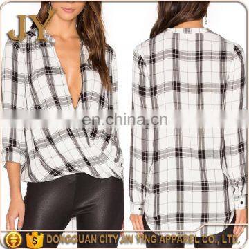 Long Cotton Shirts For Girls Blusas Femininas 2017 3/4 Sleeve Women White Checker Blouse