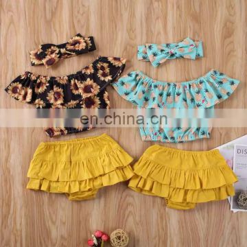 A0129# Summer sunflowers and pineapples for babies with a one-word shoulder top + short skirt pantsuit