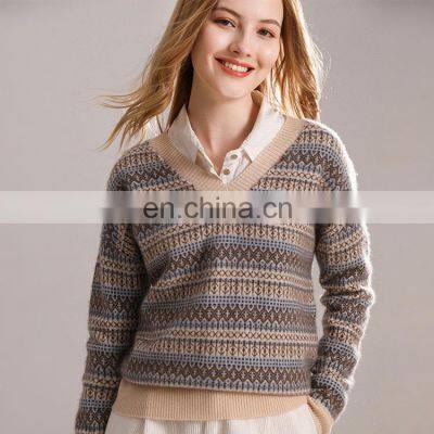 Women Casual V Neck Custom Design Printed Jacquard Cashmere Sweater