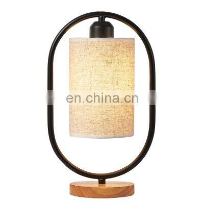 Tonghua Modern Linen Cover Metal Frame Round Wood Base LED Edison Bulb Table Lamp Bedside Desk Light