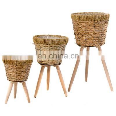 Best Seller 3 Piece Straw Planters with Stand Set Removable Legs Grass Plant stand Storage Basket Plant Holder Wholesale