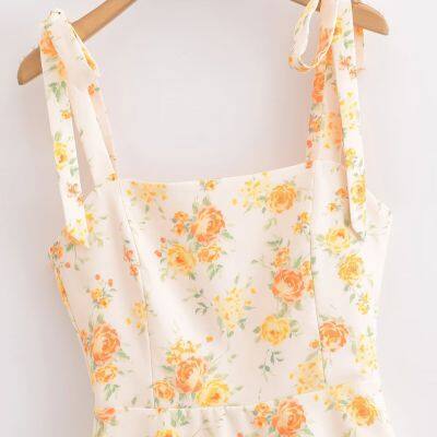 Spring new women's clothing European and American style bow decoration flower print poplin dress