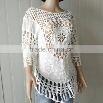 2016 Ladies Tops Hot Embroidery Lace Fabric Three Quarter Sleeve Coat Cotton Lace Hollow Out Vest photo-3