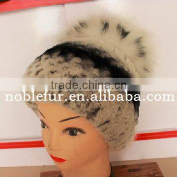 new fashion rex rabbit fur with silver fox fur winter hat with big pom pom