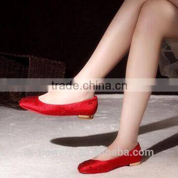 Rhinestone red color round toe girl's flat shoes