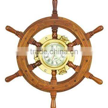 Solid Wood Brass Ship Wheel Wall Clock Porthole Nautical Decor Ship wheel 2042