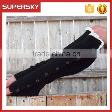 C6117 Black Slouchy Cotton Button Down Leg Warmers Knit Lace Leg Warmers