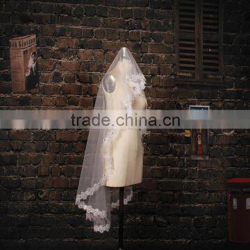 BV1009 2015 New Real Photo Simple Short Wedding Veil Lvory One Layer Lace Purfle Bride Veil photo-4
