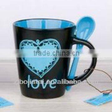 12oz Inner Blue Glazed Funnel Shape Ceramic Spoon Mug with Heart Decal